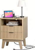 Nightstand with Charging Station, Modern Fluted 2 Drawer End Table with Storage Shelf, Natural Oak Bedside Table for Bedroom & Office