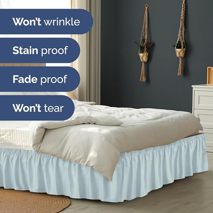Wrap Around Dust Ruffle Bed Skirt - Ice Blue - for Full Size Beds w/ 12 Inch Drop - Easy Fit Elastic Strap - Adjustable Pleated Bedskirt w/Brushed Fabric - Wrinkle Free - for Women, Men, Kids & Teens