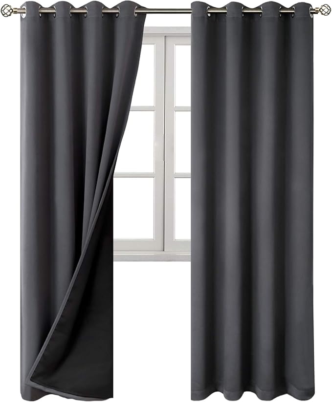 BGment Thermal Insulated 100% Blackout Curtains for Bedroom with Black Liner, Double Layer Full Room Darkening Noise Reducing Grommet Curtain (52 x 72 Inch, Dark Grey, 2 Panels)