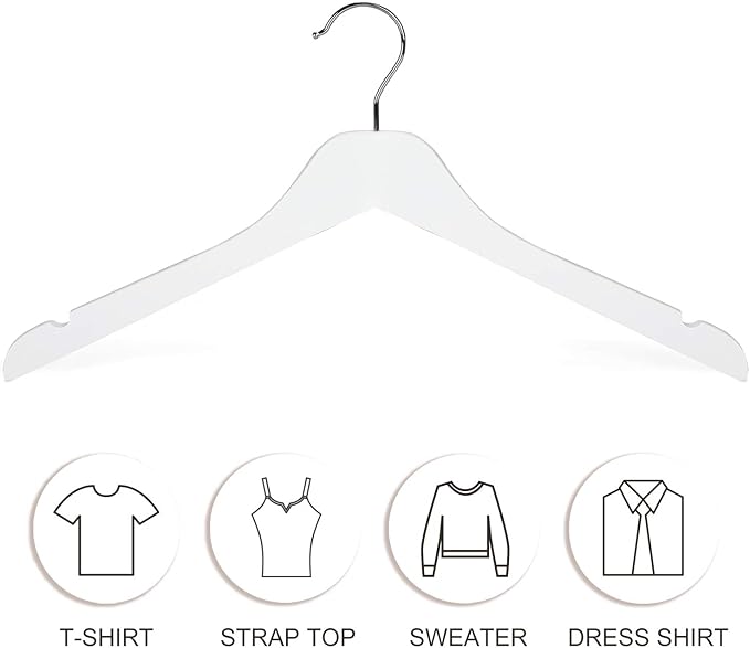 TOPIA HANGER White Wooden Hangers 10 Pack, 0.28 inch Slim Wood Clothes Hanger with Flat Design and Smooth Notches, Lightweight&Durable Space Saving Hangers for Shirt, Coat, Camisole-CT29W
