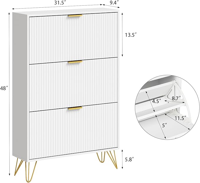 Slim Shoe Cabinet with 3 Flip Drawers, Fluted Shoe Cabinet Storage for Entryway, Narrow Shoe Storage Cabinet, Modern Freestanding Shoe Rack Organizer for Entryway, White