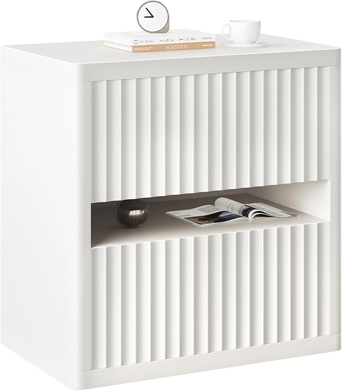 Dripex Fluted Nightstand with 2 Drawers, Large Wide Wood Night Stand Bedside Tables for Bedroom, Mid-Century Modern Storage Bed Side Table, End Tables for Living Room Sofa Couch, White, Set of 1