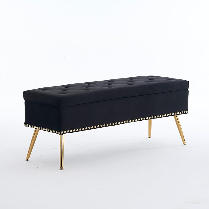 Velvet Storage Bench with Gold Legs& Nailhead Trim, 46" Wide Upholstered Modern Bedroom Bench for End of Bed, Tufted Ottoman for Entryway Living Room Dining Room (Black, 46" Wide)