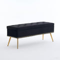 Velvet Storage Bench with Gold Legs& Nailhead Trim, 46" Wide Upholstered Modern Bedroom Bench for End of Bed, Tufted Ottoman for Entryway Living Room Dining Room (Black, 46" Wide)