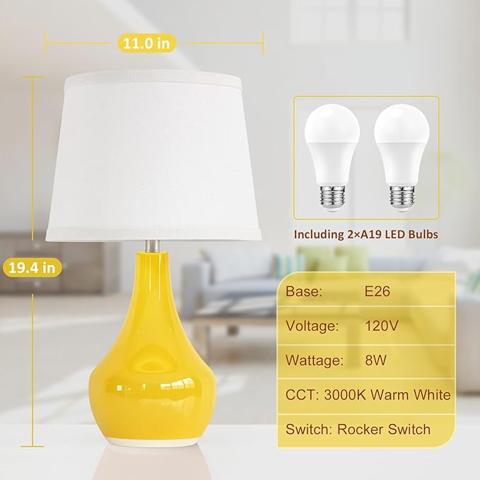 Seealle Modern Ceramic Table Lamps for Night Stands - Bedside Lamps Set of 2 for Nightstand,Yellow Bedroom Lamp for Living Room Cute Desk End Table Office Guest Room Dresser Rocker Swtich