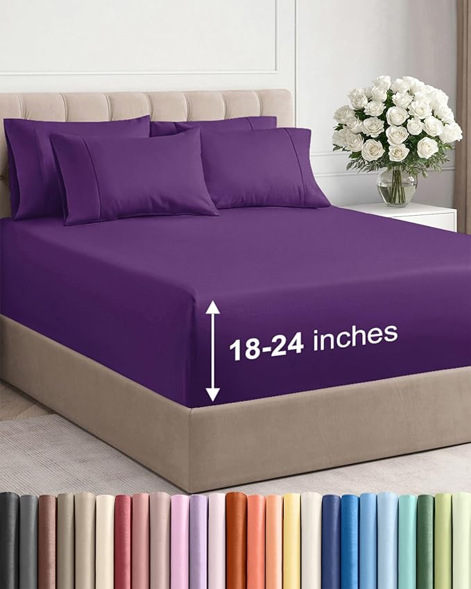 Extra Deep Cal King Sheet Set - 6 Piece Breathable & Cooling Sheets - Hotel Luxury Bed Sheets Set - Easy & Secure Fit - Soft, Wrinkle Free & Comfy Sheets Set - Purple Sheet Set with Extra Deep Pockets