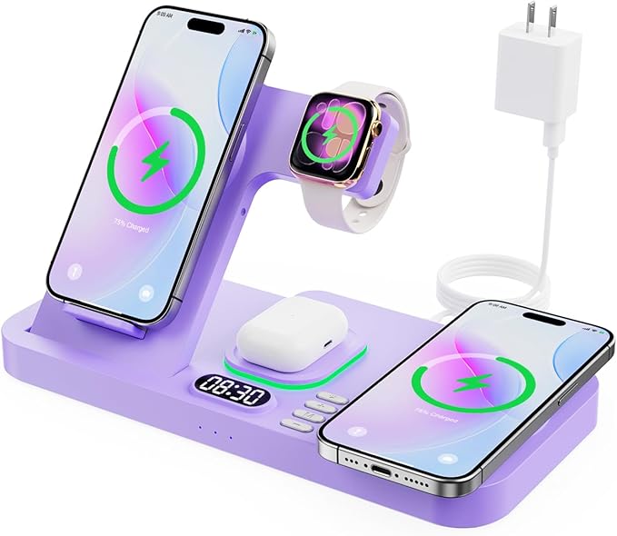 Dual Phone Magnetic Wireless Charging Station for Apple Devices/Apple Ecosystem,with Auto-Switch 7-Color Light & Clock, Compatible with iPhone 17/16/15, for iWatch 11/10/9 & AirPods Pro3（Puple