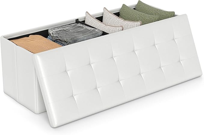 Giantex 43 Inches Folding Storage Ottoman Bench, Upholstered PU Leather Storage Chest with Side Pocket, Padded Seat, End of Bed Bench, Collapsible Ottoman Foot Rest for Living Room, Bedroom & Entryway