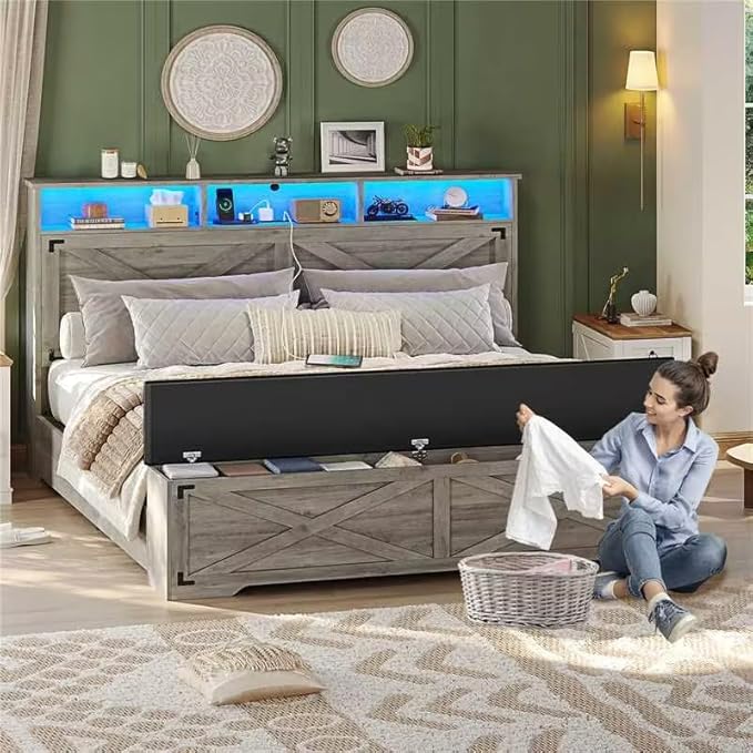 Hasuit Queen Size Bed Frame with Storage Ottoman, Farmhouse Bed Frame with Charging Station and Led Light, Headboard with Storage Rack, Metal Slats, No Noise Design, No Box Spring Needed,Oak Grey