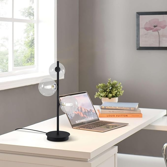 3-Light Black Table Lamp, Mid Century Nightstand Lamp with Clear Glass Globe Shade, Contemporary Bedside Lamp for Bedroom Living Room Study Room