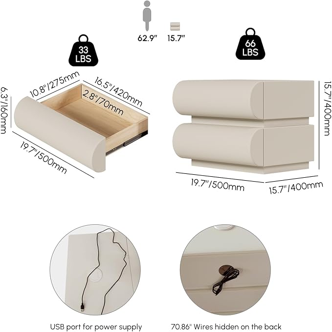 homary Smart Nightstand with Wireless Charging, USB & Type-C Ports – Modern Off White Faux Leather Nightstand with 2 Drawers, Bedside Table with Charging Station for Bedroom