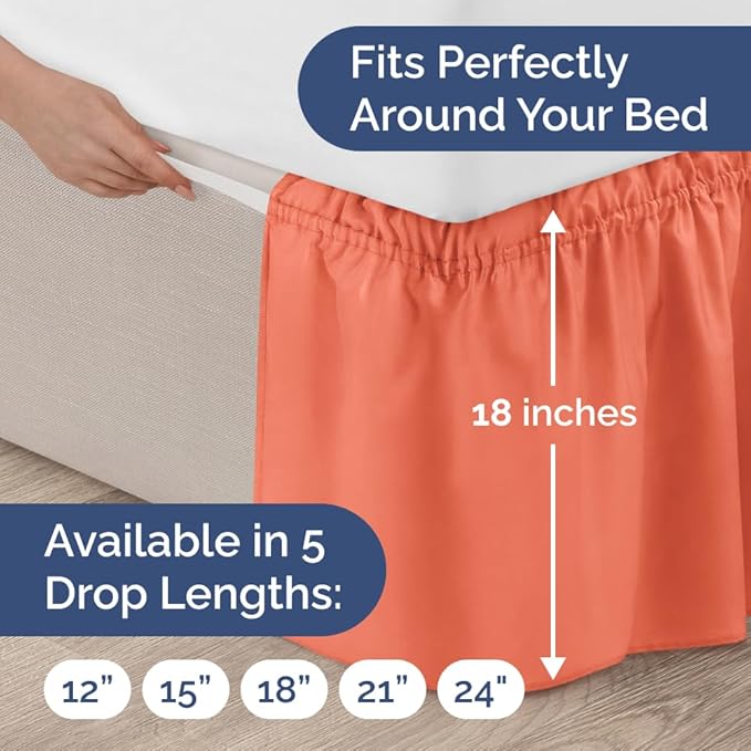 Wrap Around Dust Ruffle Bed Skirt - Coral - Twin/Twin XL Size Beds with 18 Inch Drop - Easy Fit Elastic Strap - Adjustable Pleated Bedskirt w/Brushed Fabric - Wrinkle Free - Women, Men, Kids & Teens