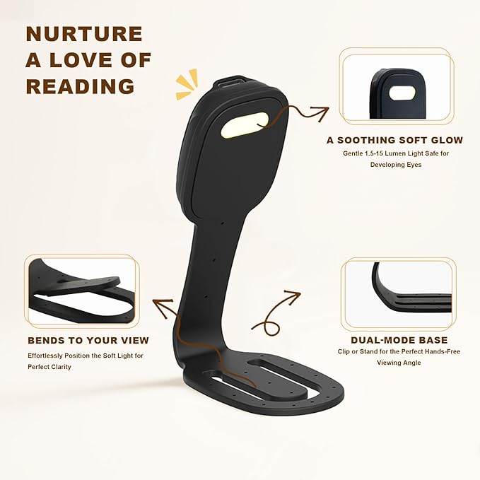 Rechargeable Book Light for Kids at Night – Portable Clip-On LED Light with Dimmable Brightness Ideal for Kids & Adults, Bedtime & Travel–Eye-Caring, Flexible, Gift for Book Lovers,Black