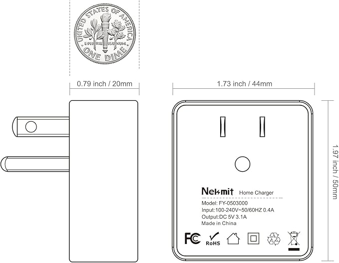 Nekmit Dual Port Ultra Thin Flat USB Wall Charger with Smart IC, Black