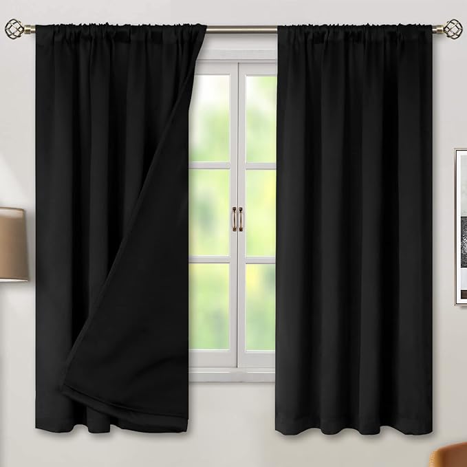 BGment Thermal Insulated 100% Blackout Curtains for Bedroom with Black Liner, Double Layer Full Room Darkening Noise Reducing Rod Pocket Curtain (42 x 63 Inch, Black, 2 Panels)