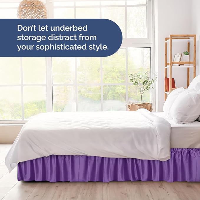 Wrap Around Dust Ruffle Bed Skirt - Purple - for Queen Size Beds with 24 Inch Drop - Easy Fit Elastic Strap - Adjustable Pleated Bedskirt w/Brushed Fabric Wrinkle Free - for Women, Men, Kids & Teens