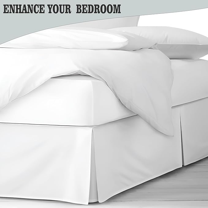 Pleated Bed Skirt Queen Size, 21" Drop with Platform Design for Secure Fit, Split Corners, Wrinkle-Resistant Microfiber for Modern Stylish Look, Tailored Bedding for Hotel Luxury - White