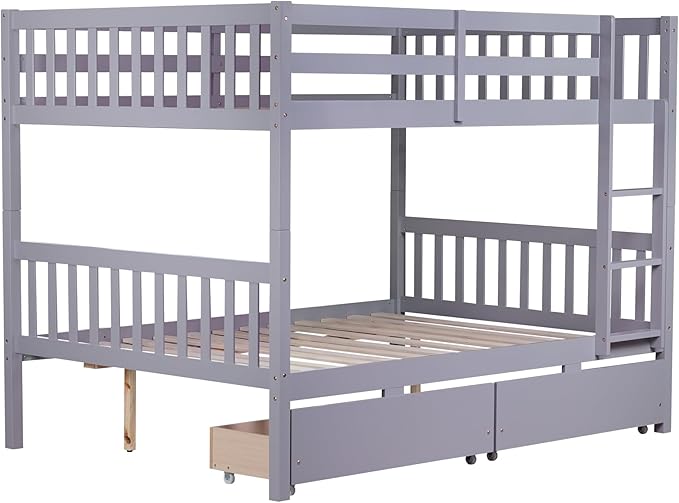 Full Over Full Bunk Bed with Storage Drawers,Convertible Bunk Beds with Ladder & Safety Guardrails,Full Size Bunk Beds for Kids Girls Boys,Grey