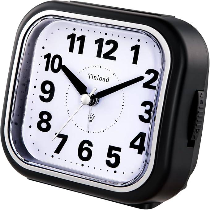4.5" Compact Analog Alarm Clock, Silent Readable for Seniors, Easy to Set, Gradual Rise Alarm, Big Numbers, On/Off Switch on Side, Gentle Wake, Snooze, Lighted on Demand, Battery Operated, Black