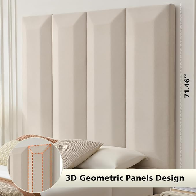 VELOCAVA Queen Size Upholstered Bed Frame with Extra Tall 71.5" 3D Geometric Headboard, Velvet-Like Fabric, 2 Storage Drawers, 30 Wood Slats, Adjustable Center Support, No Box Spring Needed, Beige
