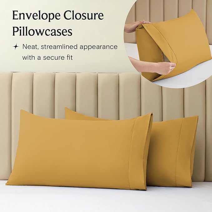 LuxClub 4 PC Queen Sheet Set, Deep Pockets Wrinkle Free Cooling Bed Sheets Hotel Bedding for Women, Men, Includes 1 Fitted Sheet, 1 Flat Sheet and 2 Pillowcases-Silky Soft Medallion Gold
