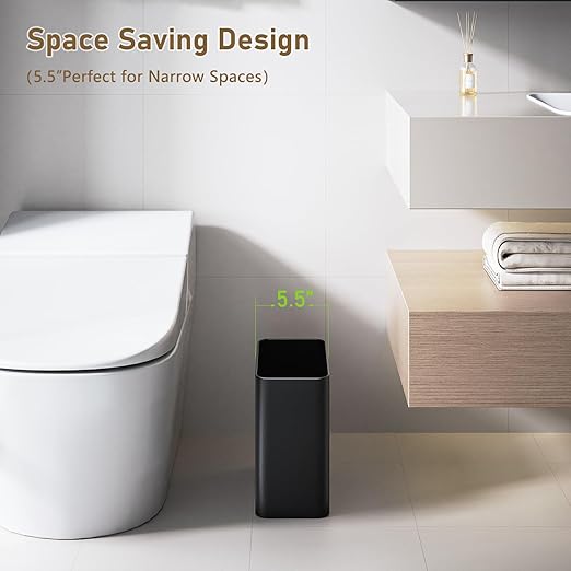 Veelesa Small Bathroom Trash Can 2.4 Gallon Wastebasket, Slim Metal Garbage Can Matte Black Stainless Steel Trash Bin for Bedroom,Office,Kitchen,Toilet, rv, Near Desk, Under Sink