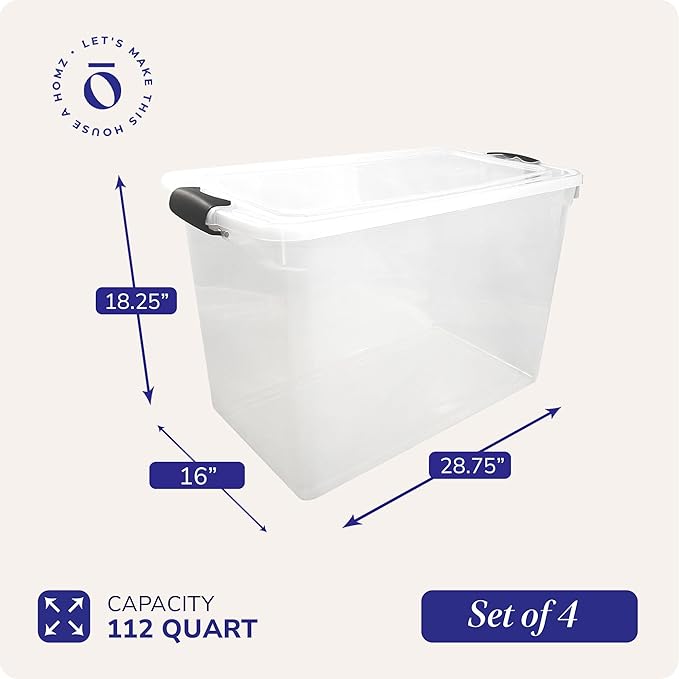 HOMZ 4-Pack Secure Latch, Clear Plastic Storage Organizer Bins, 112 Quart, Gray Latches - Stackable Container Boxes for Bedroom, Bathroom, Garage, and Office Organization