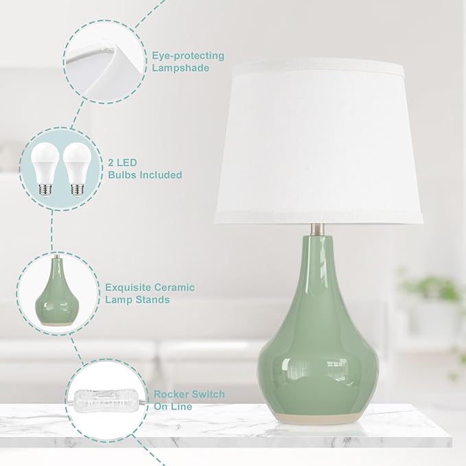 Seealle Modern Green Table Lamps Set of 2 - Bedside Lamps for Night Stands, 19.4" Bedroom Lamps for Living Room Sage Green Lamps with Rocker Switch