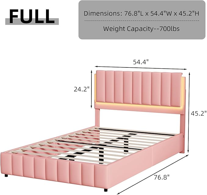Full Size Bed Frame with LED Lights, Faux Leather Upholstered Platform Bed with Headboard and Wooden Slats Support, No Box Spring Needed, Noise-Free, Easy Assembly, Pink