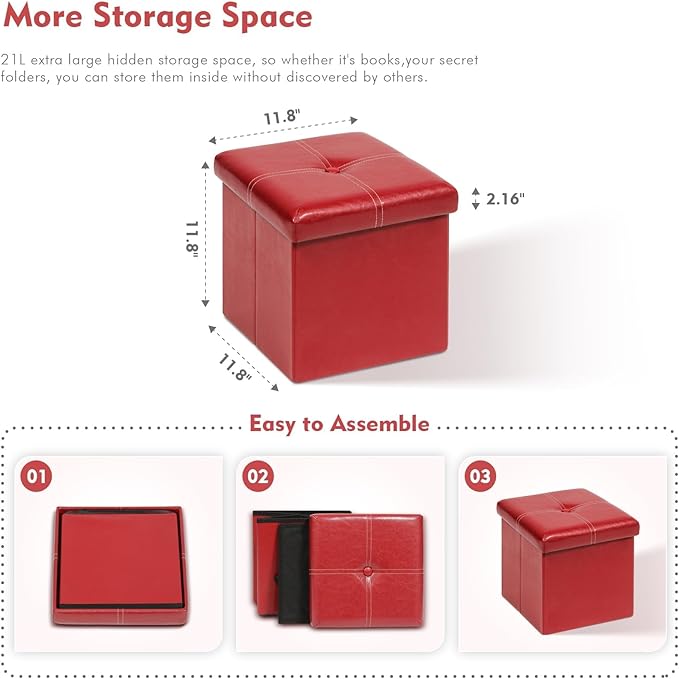 B FSOBEIIALEO Folding Storage Ottoman Cube, Faux Leather Footrest Seat Coffee Table, Red 11.8"x11.8"x11.8"