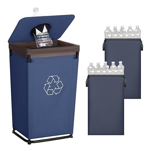 StorageWorks Recycling Bin with Lid, 29Gal Large Recycling Bin for Kitchen, Indoor Recycling Bins with 2 Reusable Washable Bags for Bottles and Cans, Steel Frame Fabric Sorter, 110L, Blue