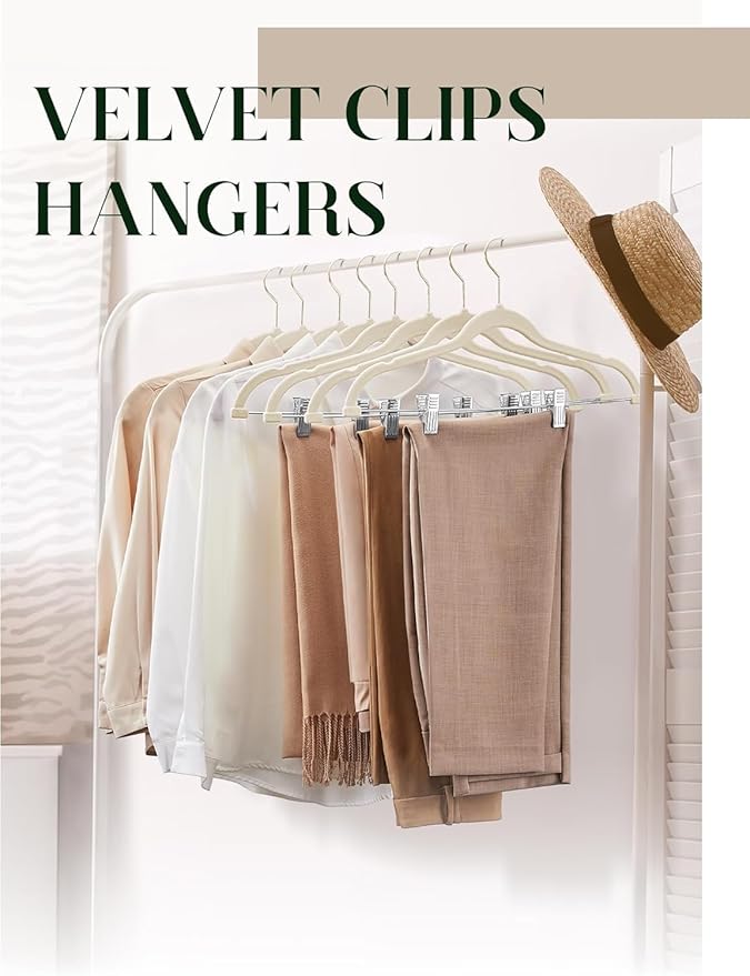 Cozymood Velvet Skirt Hangers - Pack of 48- Velvet Hanger with Clips Ultra Thin Non Slip Pants Hangers Space Saving Clothes Hanger for Trouser, Skirts, Jeans, Dress (Beige)