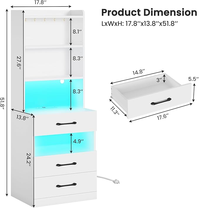 VIAGDO Tall Nightstand Set of 2 with Charging Station and LED Lights, White Night Stand Set 2 with Bookshelf, Modern LED Bedside Tables with 3 Drawers and Storage Shelves, Side Tables for Bedrooms