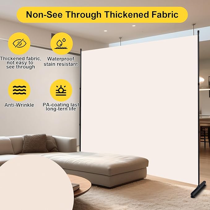 Room Divider Folding Privacy Screens with Wheels, 6FT Tall Divider for Room Separation, Movable Room Partitons and Dividers, Indoor Room Dividers Panel with Fabric (Beige, 1 Panel-71‘’-Round Pad)