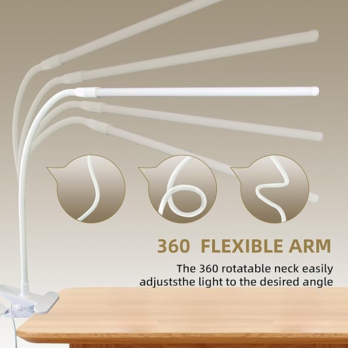 Desk Lamp with Clamp, Long Flexible Arm Clip on Lamp for Kids Reading in Bed, Easel, Make Up, Sewing Craft, Nail Tech Lamp, 3 Color Modes & 10 Brightness Levels