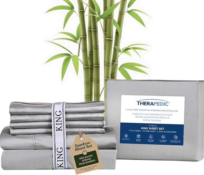 Therapedic 1000TC King 6-Piece Sheet Set - 100% Organic Rayon Derived from Bamboo Blend with Cooling Fiber, Ideal for Hot Sleepers - 16" Deep Pocket Fitted Sheet, Bonus Pillowcases - Dark Grey
