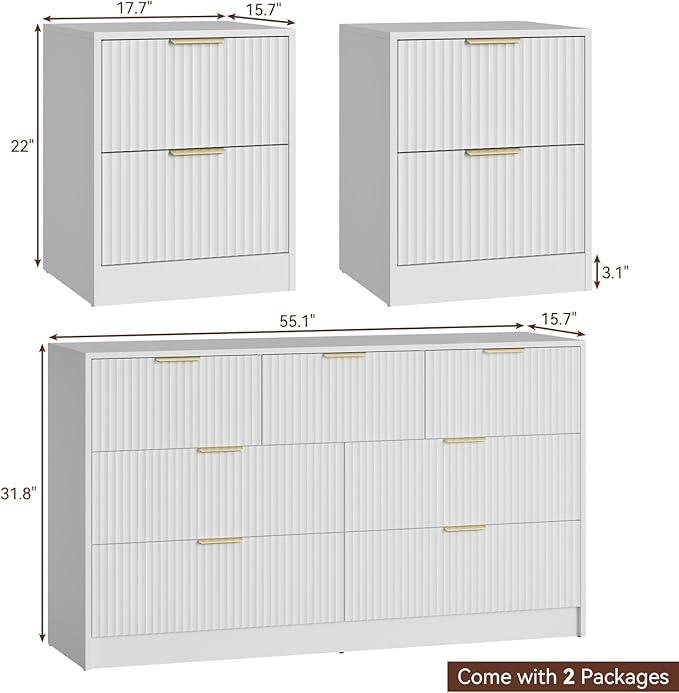 7 Drawer Dresser & Nightstand Set 3-Piece, 55” Wide Bedroom Dresser Set Night Stand Set of 2 with Metal Handle, Fluted Modern Wood Chest of Drawers Storage Dressers Set for Bedroom, White