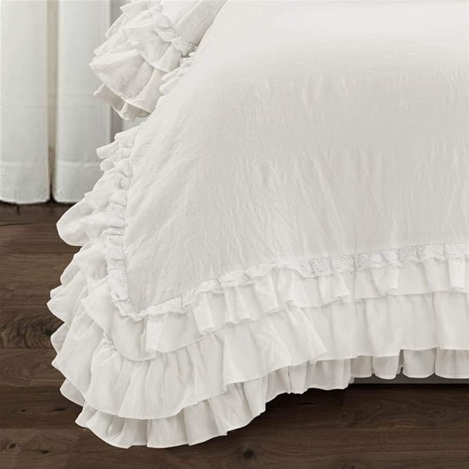 Lush Decor Ella Ruffle Lace Comforter, 2 Piece Set, Twin, Ivory - Cute Comforter - Twin Bedding Set - White Bedding - Coquette Decor - White Lace Trim - Ruffle Trim