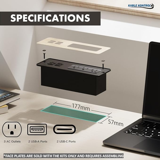 Kable Kontrol Recessed Power Strip with Fast Charging 2 PD65W USB-C Ports, 2 USB-A Ports, 3 Power Desk Outlets, Flush Mount Furniture Charging Station Grommet for Side Table, End Table - Black