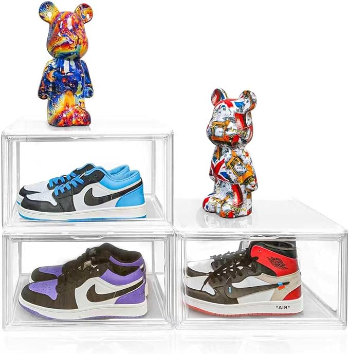 1 Pack Clear Stackable Plastic Shoe Storage Box with Magnetic Acrylic Door Size 12.5 Sneaker Display Case Transparent Closet Organizers and Storage, Easy Assembly
