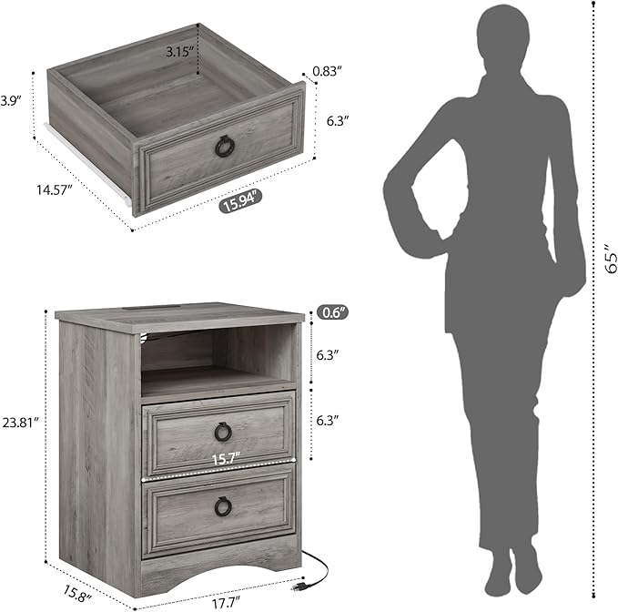Large Nightstand Set of 2 with Drawers,17.7"W Accent Night Stand with Charger Station LED Lights, Bed Side Table with 2 Drawers, End Table with Easy Open Storage for Bedroom, Living Room,Gray