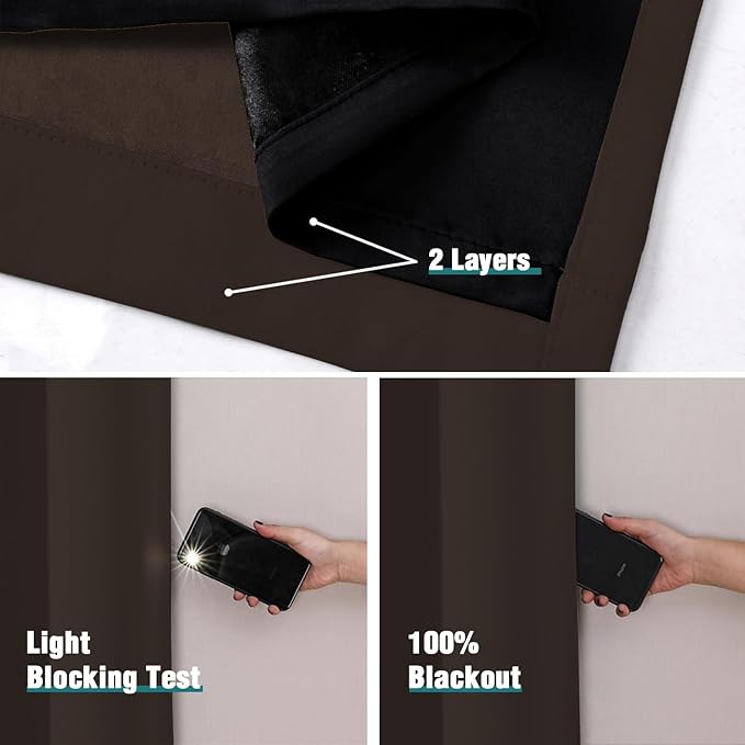 ChrisDowa 100% Blackout Curtains for Bedroom with Black Liner, 2 Thick Layers Total Blackout Thermal Insulated Grommet Window Curtains 2 Panels Set (Brown, 52 x 63 Inch)