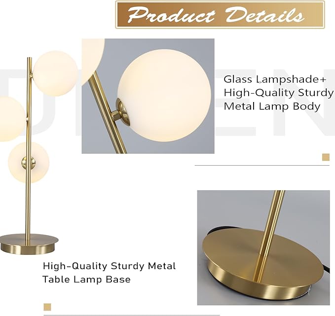 Modern Glass Globe Table Lamp 3 Lights Mid Century Small Gold Desk Lamp Contemporary Minimalist Brass Bedside Table Lamps with White Glass Shade Reading Lamp for Bedroom Office G9 MTL03-W