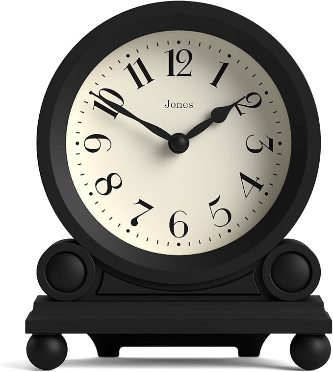 JONES CLOCKS® Maida Vale Mantel Clock | Small Traditional Desk Clock | Black | Pretty & Charming Ideal for Mantelpiece, Bookshelf or Bedside