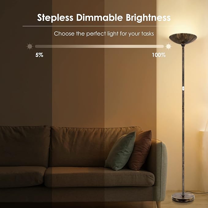 Floor Lamp, Standing Lamp, 20W 2000LM LED Torchiere Floor Lamp, Stepless Dimmable, Touch Control, 3000K Daylight, 50000hrs Lifespan, Floor Lamps for Living Room, Standing Lamps for Bedroom,Bronze