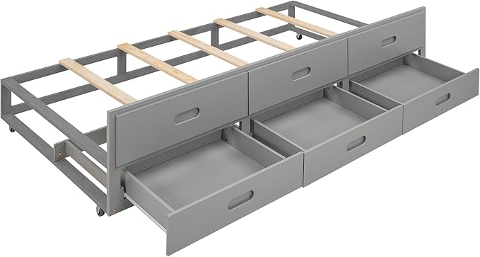 Platform Bed with Storage Headboard, USB, Twin Size Trundle and 3 Drawers, Full Size, Gray