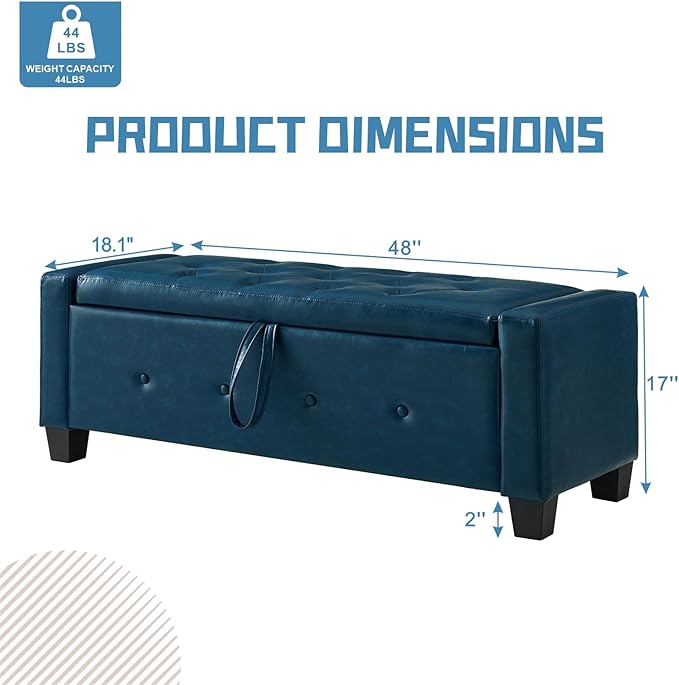 48" Storage Ottoman Bench, Upholstered Button-Tufted End of Bed Bench with Soft-Close Hinge & Solid Wood Legs, Foot Rest for Living Room, Bedroom, Hallway (Faux Leather, Blue)