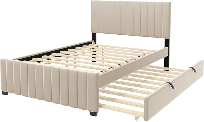 Full Bed Frame with Trundle Bed,Velvet Upholstered Platform Bed Frame,Full Size Trundle Bed with Headboard for Kids Teens Adults(Beige)