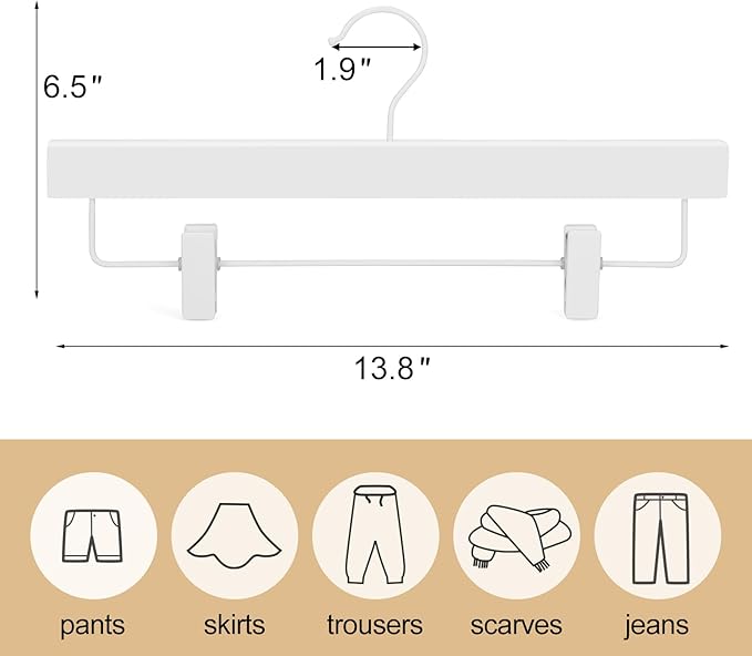 TOPIA HANGER Lotus Wood Pants Hangers, Skirt Short Bridal Trousers Slacks Hangers with 2 Premium Adjustable White Metal Clips with Rubber Stopper Padded 360° Swivel White Hook 10 Pack, CT55W