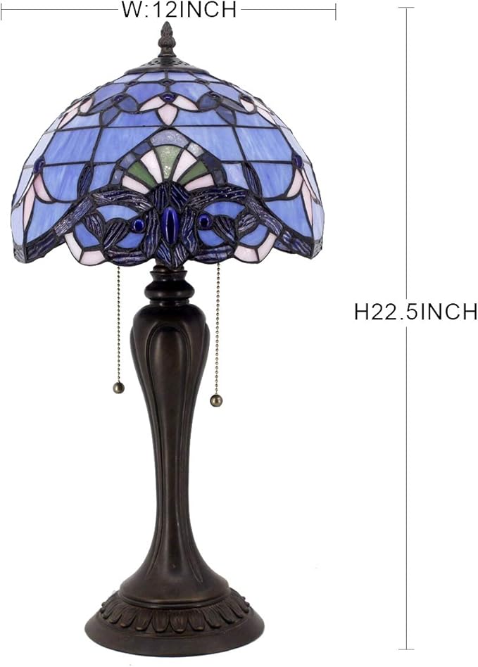 WERFACTORY Tiffany Lamp Stained Glass Table Bedside Lamp 12X12X22 Inches Blue Purple Baroque Style Lavender Reading Desk Light Decor Bedroom Living Room Home Office S003C Series